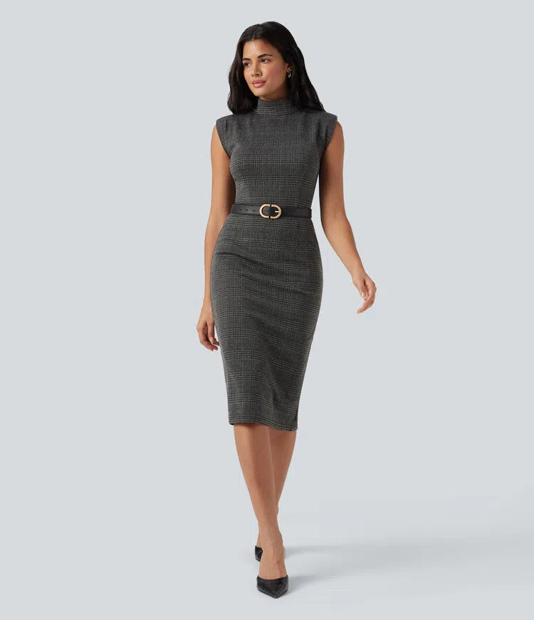 High Neck Sleeveless Bodycon Houndstooth Plaid Midi Work Dress
