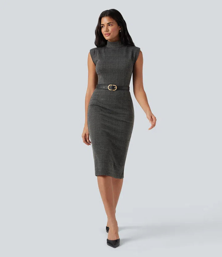 High Neck Sleeveless Bodycon Houndstooth Plaid Midi Work Dress