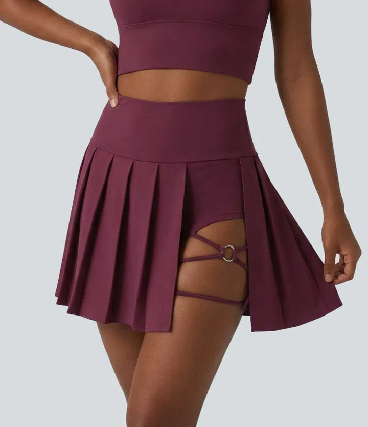 Breezeful High Waisted Pleated 2-in-1 Asymmetric Hem Quick Dry Mini Dance Skirt with Pockets-Longer Length