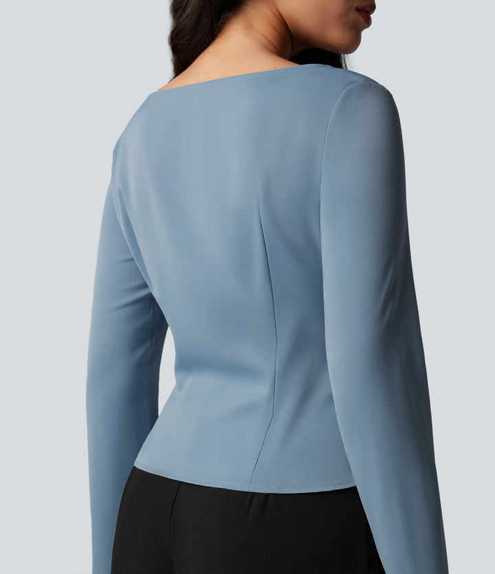 Wrinkle Recovery Boat Neck Long Sleeve Ruched Tie Work Blouse