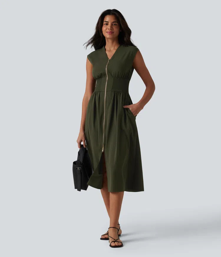 V Neck Sleeveless 2-Way Zipper Midi Work Dress with Pockets
