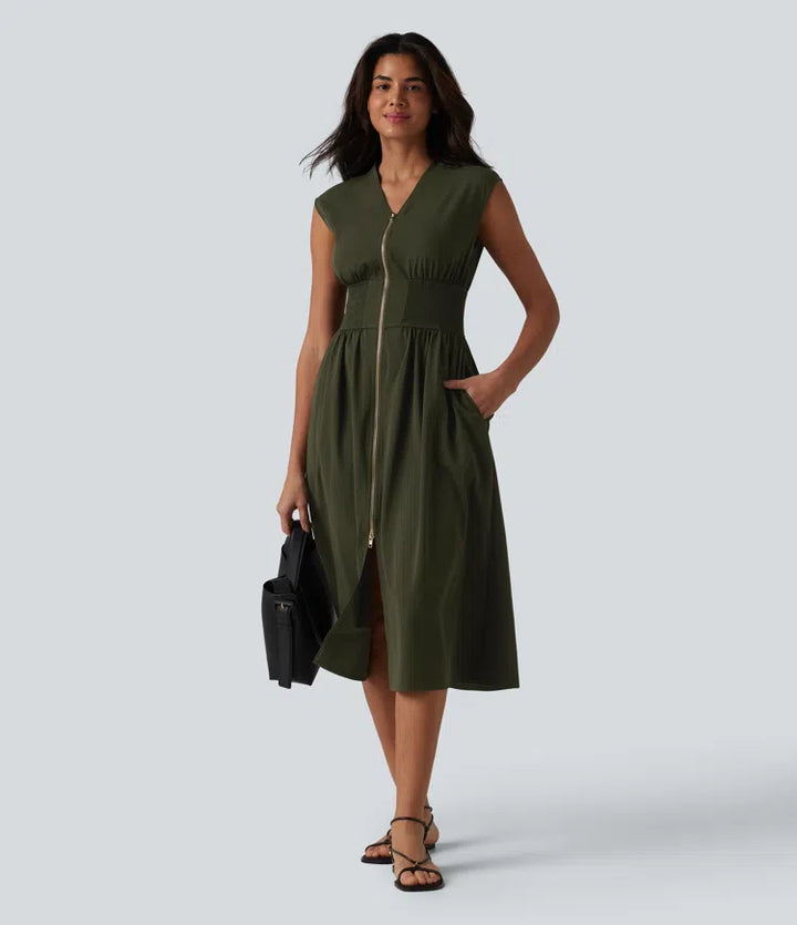 V Neck Sleeveless 2-Way Zipper Midi Work Dress with Pockets