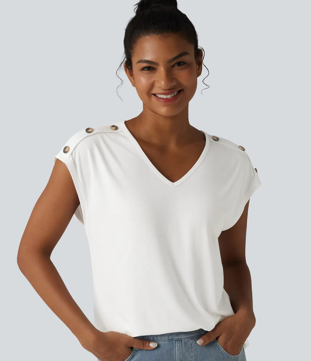 V Neck Decorative Button Cap Sleeve Relaxed Casual T-Shirt