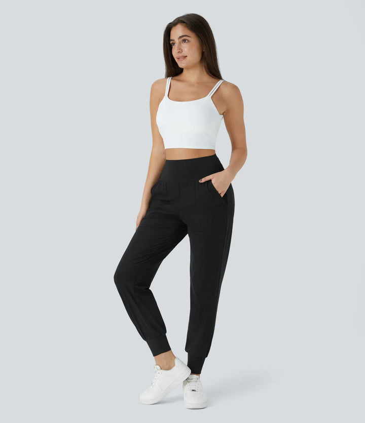 High Waisted Plain Side Pocket Casual Joggers