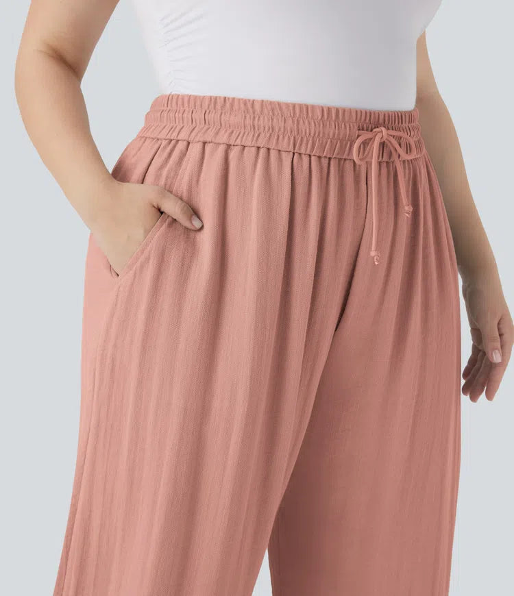 High Waisted Drawstring Linen-Feel Wide Leg Casual Plus Size Pants with Pockets