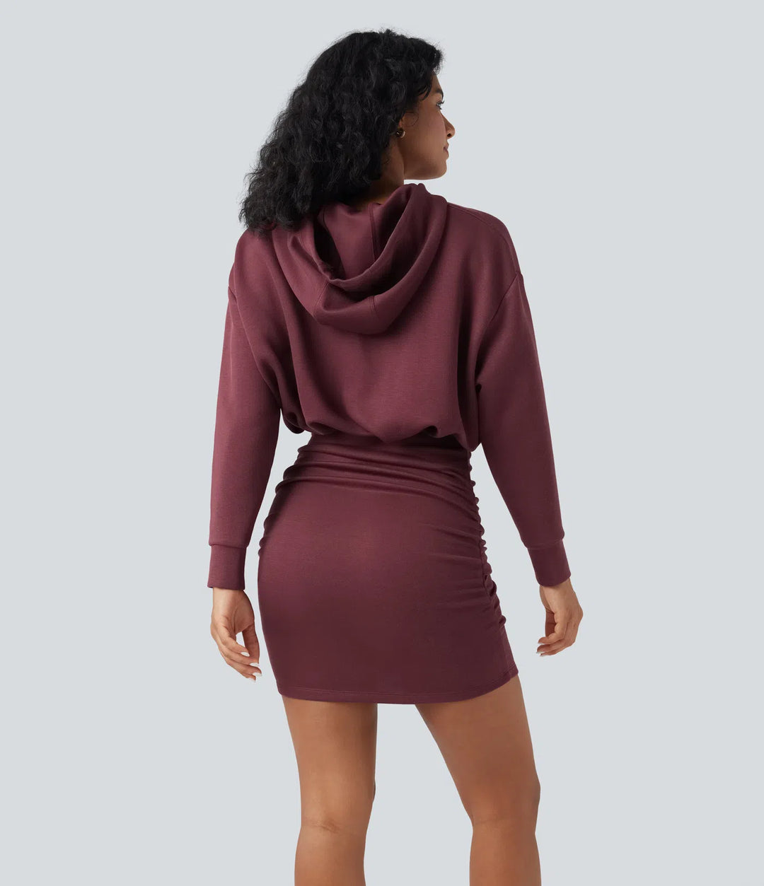 SpacerTek Long Sleeve Ruched Bodycon Mini Casual Hoodie Dress