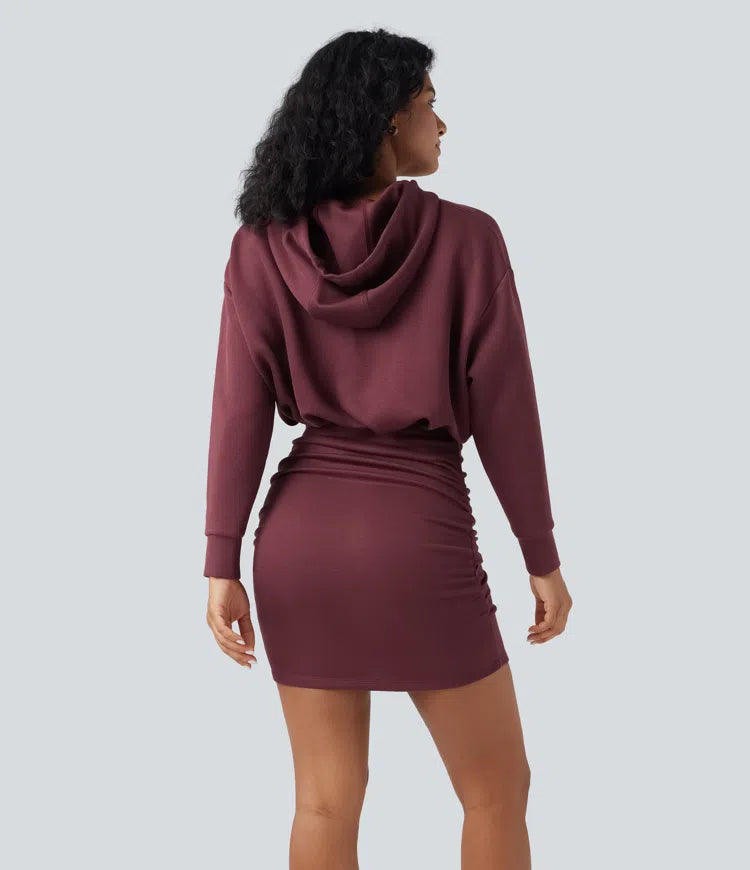 SpacerTek Long Sleeve Ruched Bodycon Mini Casual Hoodie Dress