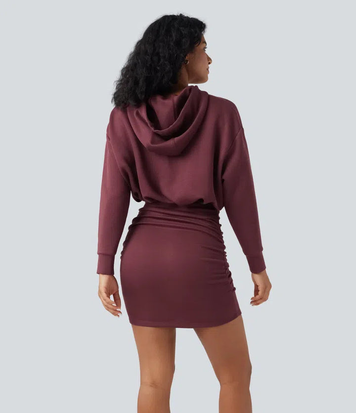 SpacerTek Long Sleeve Ruched Bodycon Mini Casual Hoodie Dress