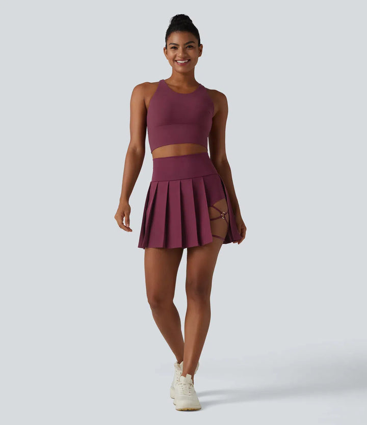 Breezeful High Waisted Pleated 2-in-1 Asymmetric Hem Quick Dry Mini Dance Skirt with Pockets-Longer Length