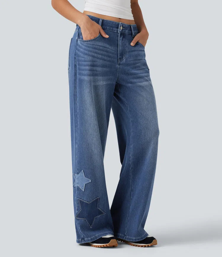 Halara Flex High Waisted Baggy Embroidery Casual Jeans with Pockets