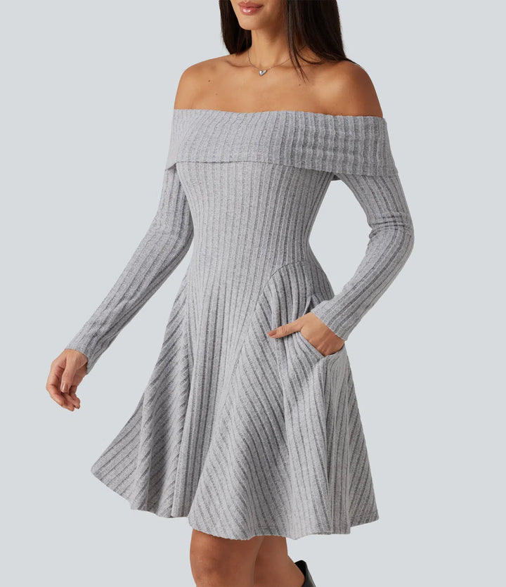 Ribbed Knit Off Shoulder Long Sleeve Built-in Bra Mini Casual Dress with Pockets