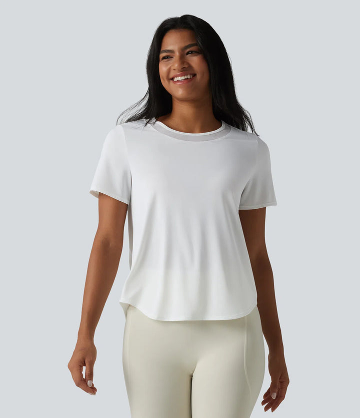 Round Neck Short Sleeve Contrast Mesh Curved Hem Running Sports Top