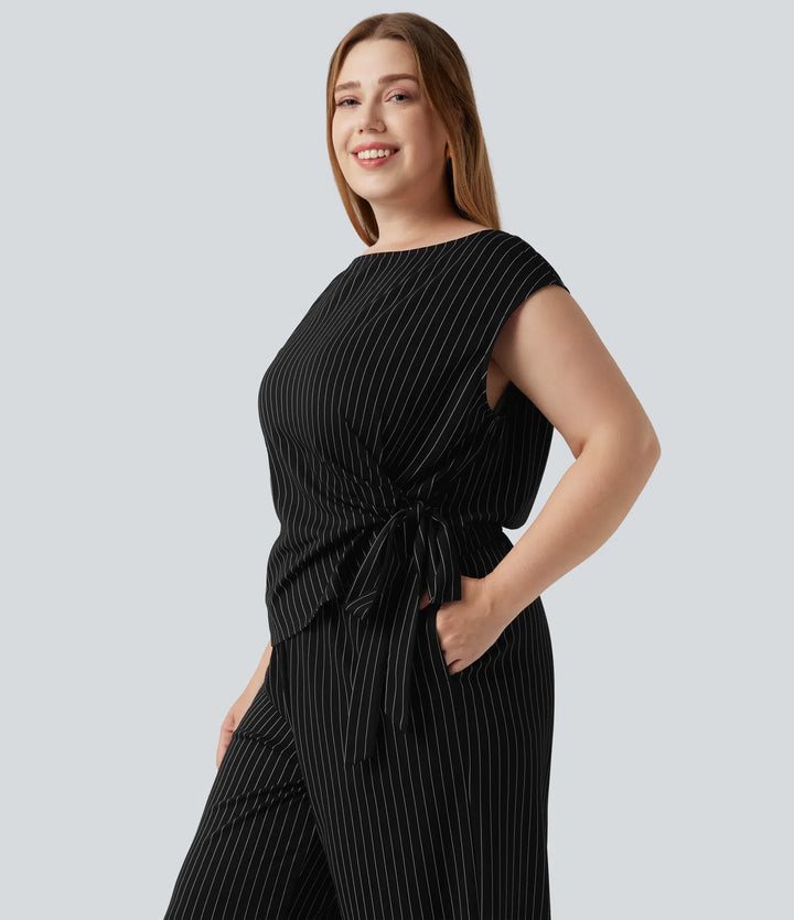 Plus Size Boat Neck Sleeveless Tie Side InstantCool Stripe Work Jumpsuit with Pockets-Easy Peezy Edition