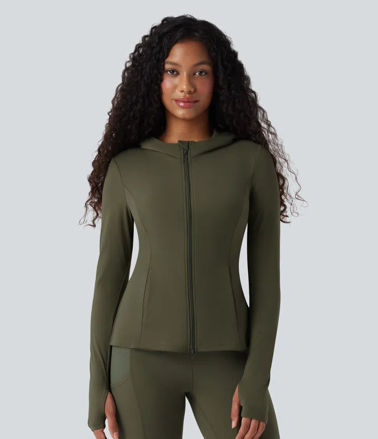 SoftlyZero Hooded Long Sleeve Thumb Hole Pleated Jacket with Pockets