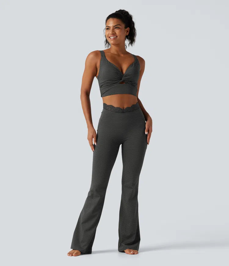 V-Shaped High Waisted Contrast Lace Stripe Yoga Flare Leggings with Pockets