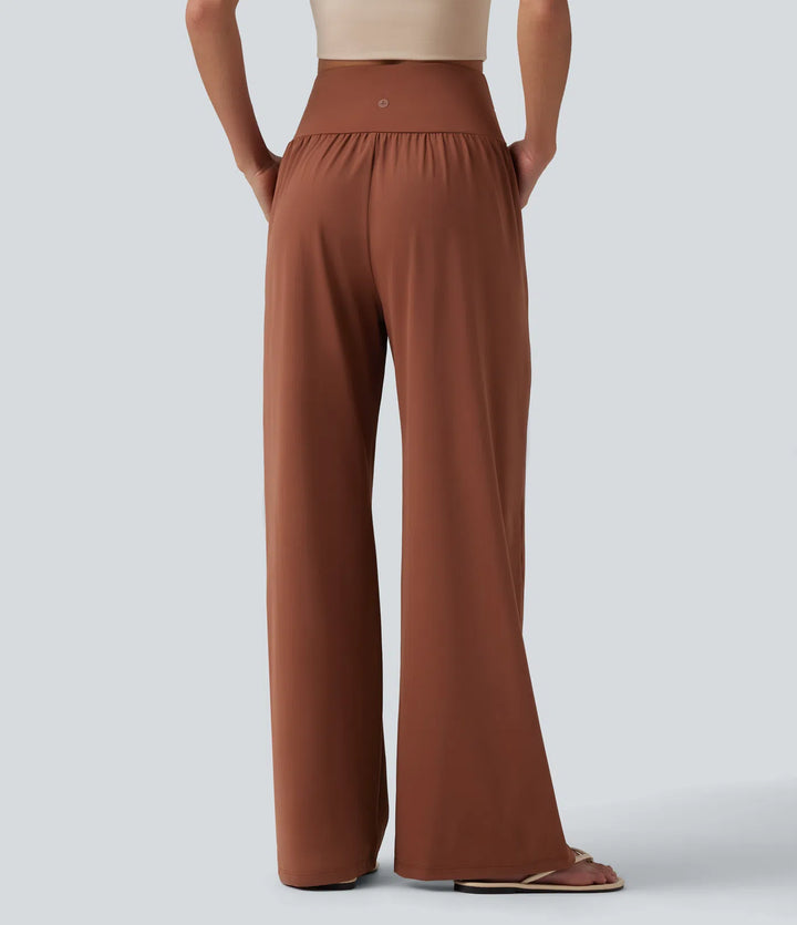 SoftlyZero Airy Crossover High Waisted InstantCool Casual Baggy Pants with Pockets