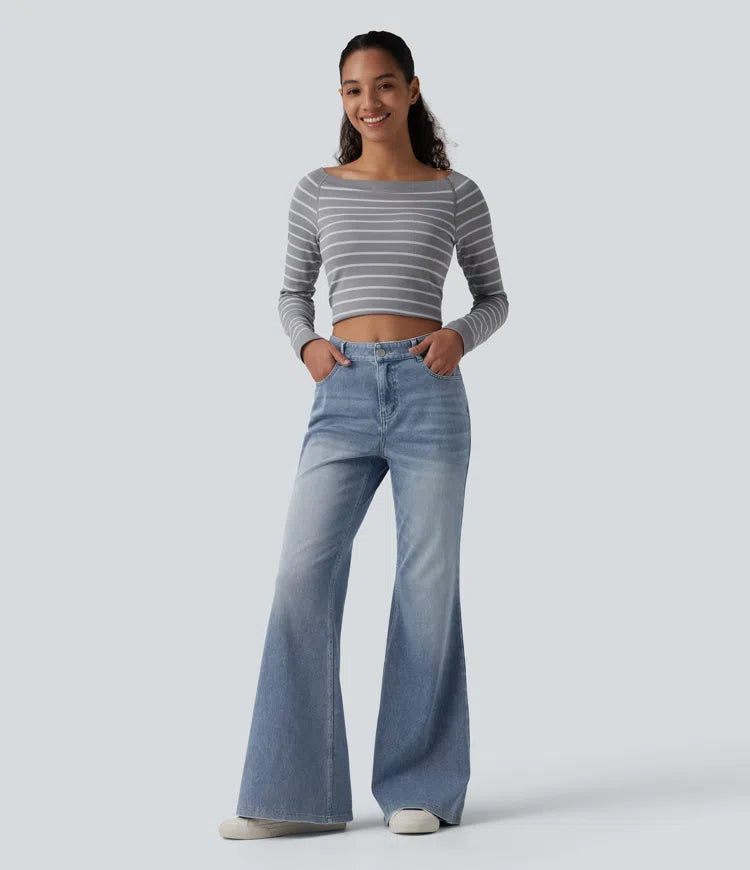 Halara Flex Mid Rise Washed Casual Flare Jeans with Pockets