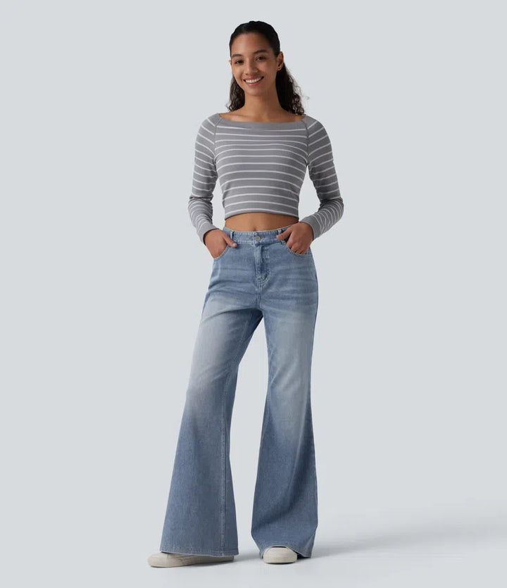 Halara Flex Mid Rise Washed Casual Flare Jeans with Pockets