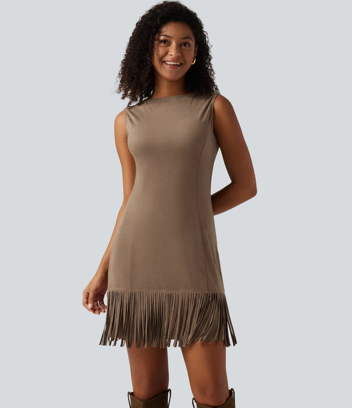 Round Neck Sleeveless Fringe Suede Mini Party Dress