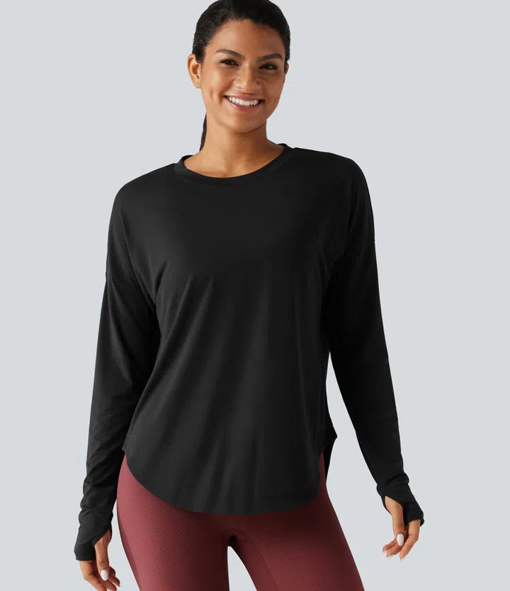 Round Neck Long Sleeve Thumb Hole Built-in Bra Quick Dry Yoga Sports Top