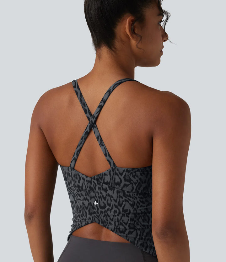 Halara UltraSculpt Leopard Print Scoop Neck Built-in Bra Crossover Hem Yoga Tank Top