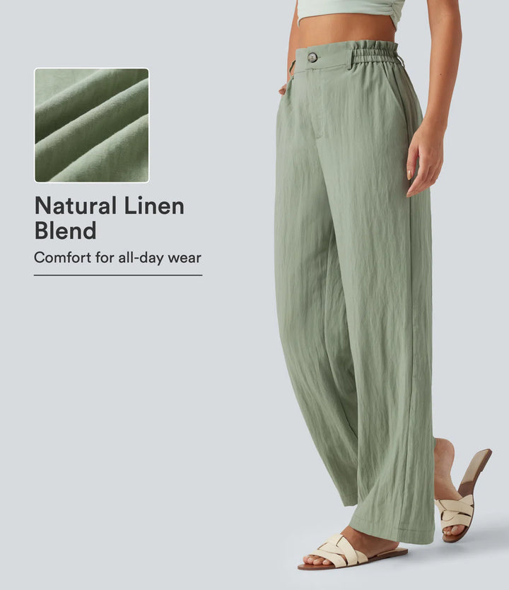 High Waisted Wide Leg Casual Linen-Blend Pants with Pockets