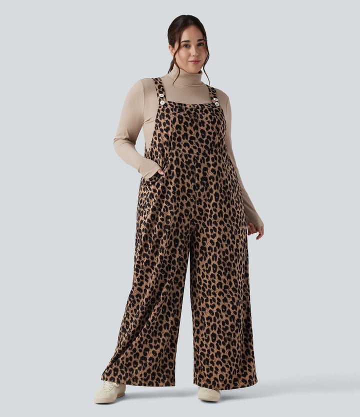 Leopard Print Waffle Casual Plus Size Overalls with Pockets