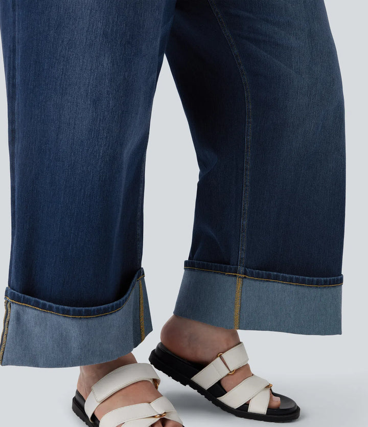 Plus Size Halara Flex High Waisted Wide Leg Rolled Hem Washed Stretchy Knit Casual Jeans with Pockets
