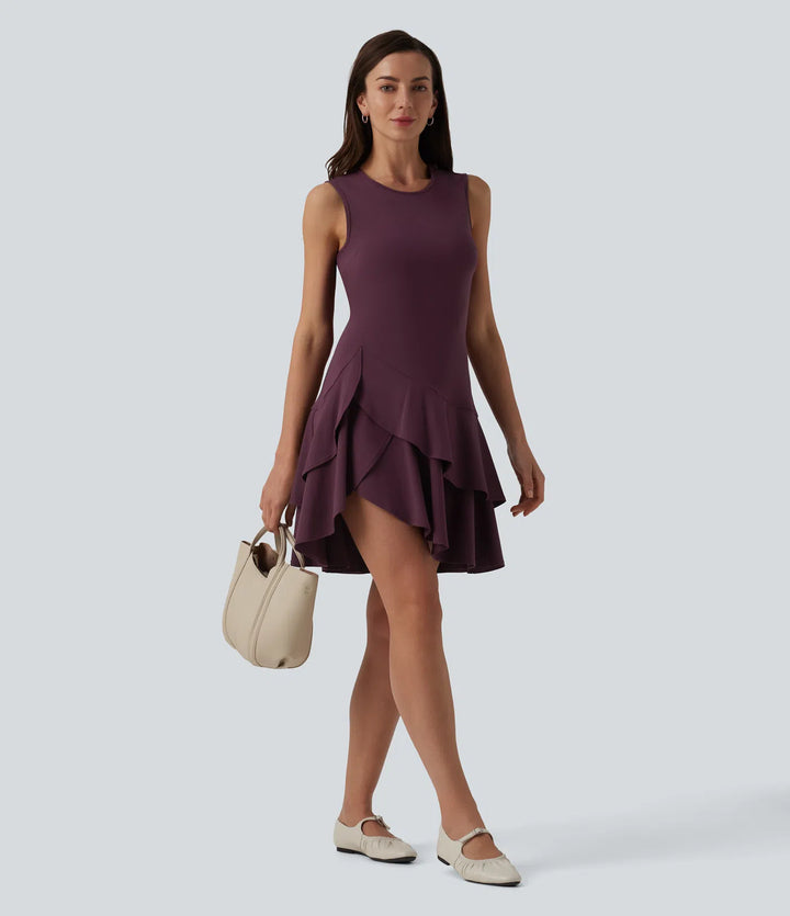 SoftlyZero Airy Round Neck Sleeveless Layered Ruffle Hem InstantCool Mini Casual Dress