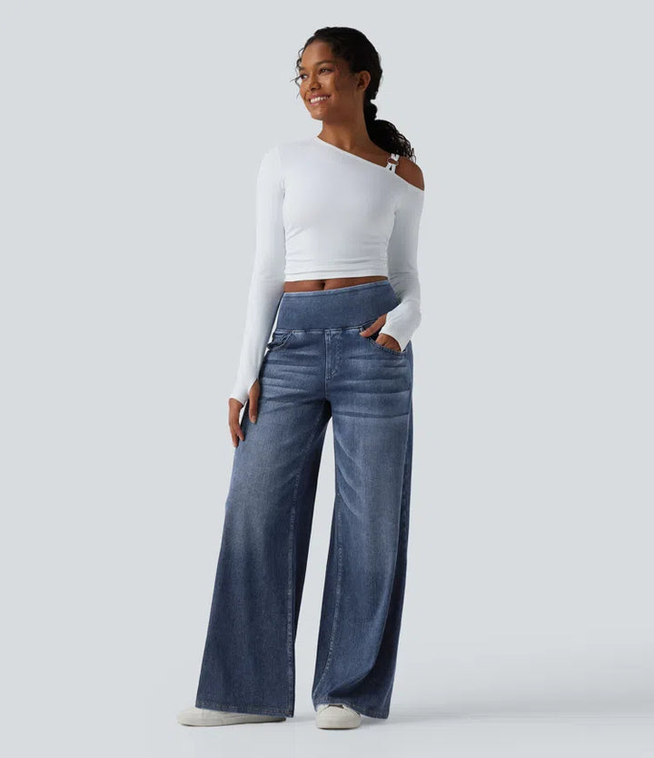 Halara Flex Mid Rise Draped Lyocell Washed Casual Baggy Wide Leg Jeans with Pockets