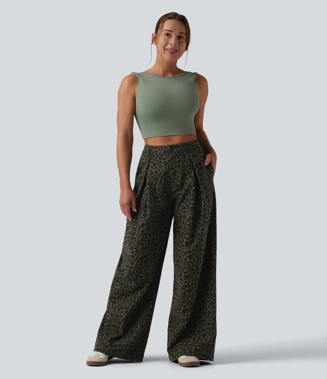 Mid Rise Wide Leg Baggy Leopard Print Casual Pants with Pockets