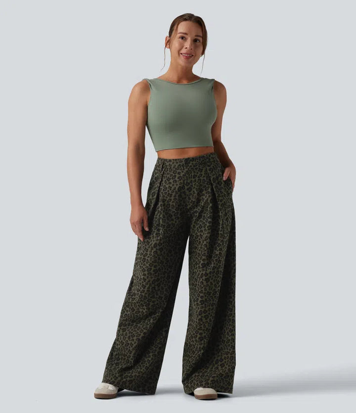 Mid Rise Wide Leg Baggy Leopard Print Casual Pants with Pockets