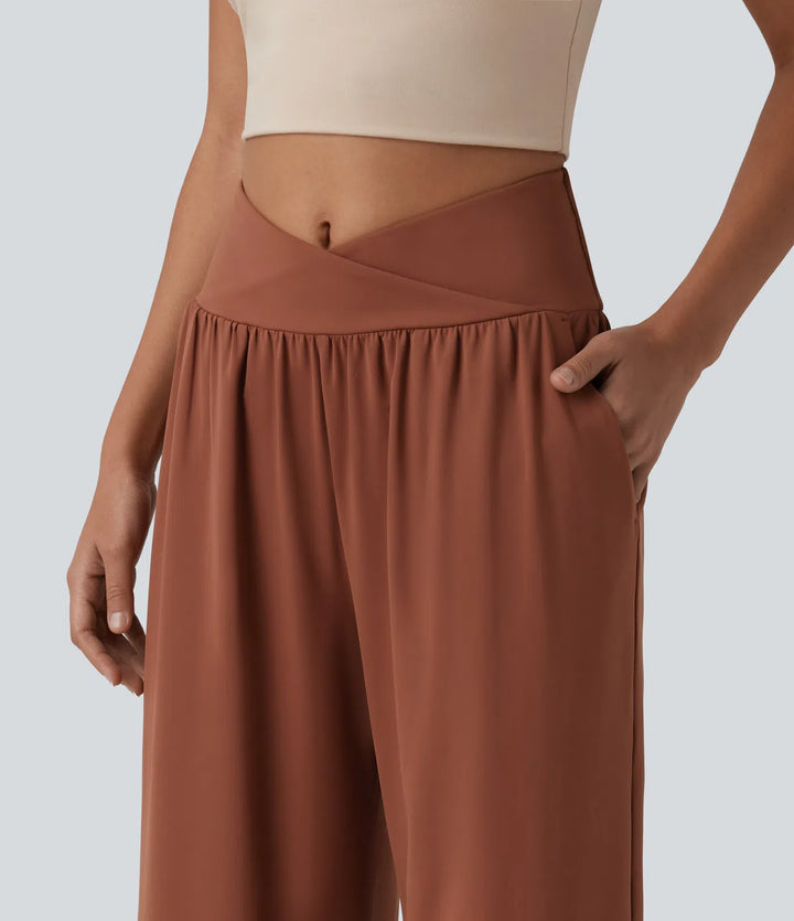SoftlyZero Airy Crossover High Waisted InstantCool Casual Baggy Pants with Pockets