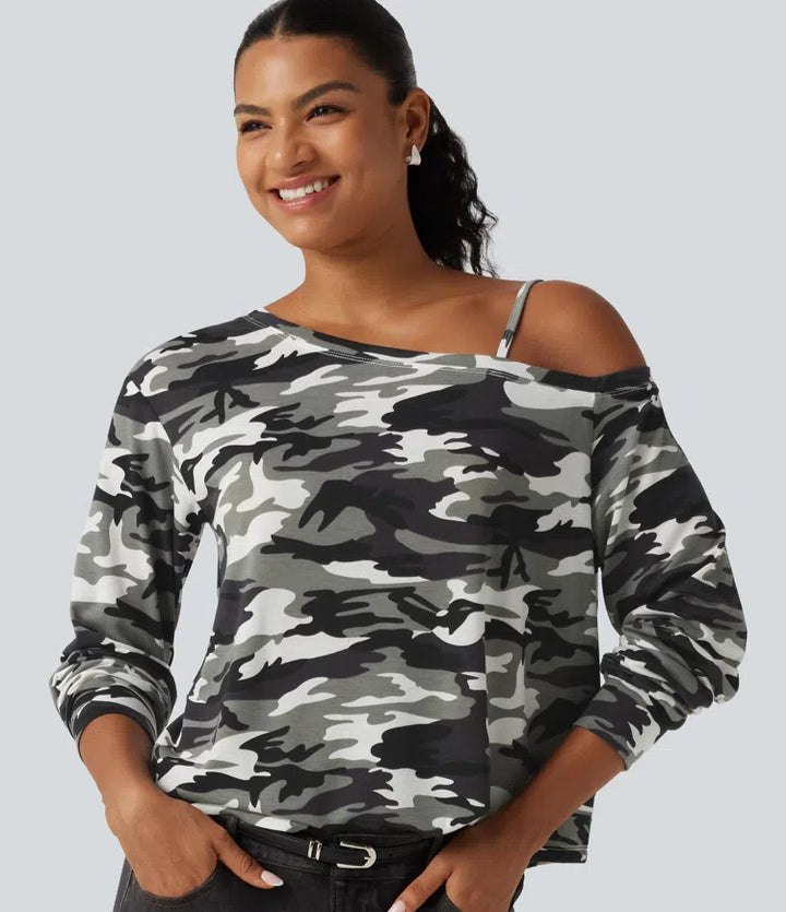 One Shoulder Long Sleeve Camo Casual Top