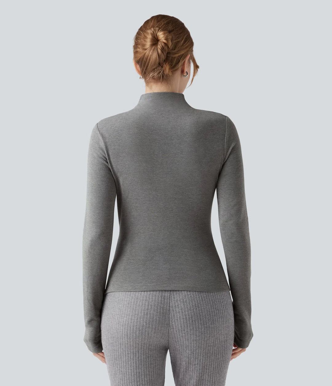 Mock-neck Long Sleeve Ruched Asymmetric Hem Thermal Casual Top