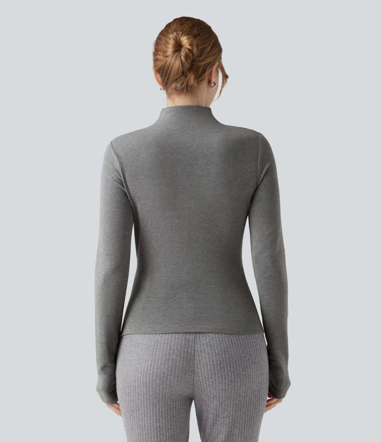 Mock-neck Long Sleeve Ruched Asymmetric Hem Thermal Casual Top