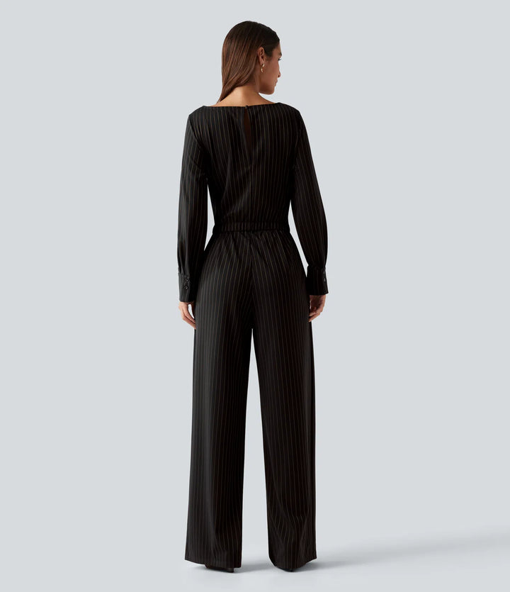 Boat Neck Long Sleeve Tie Side Cool Touch Stripe Work Jumpsuit with Pockets-Easy Peezy Edition