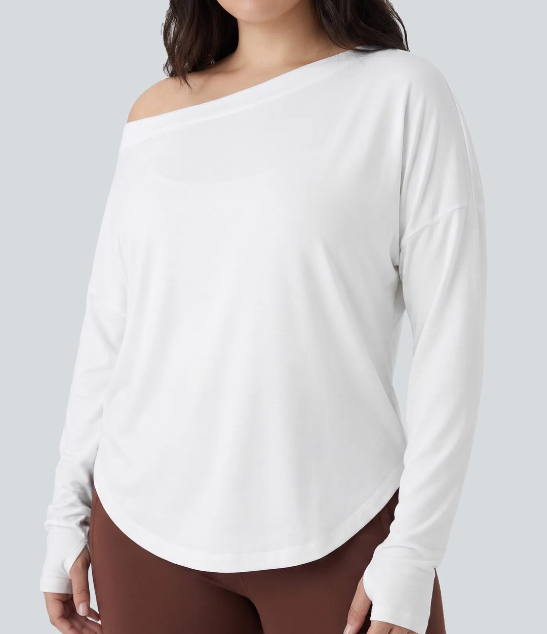 Plus Size One Shoulder Long Sleeve Thumb Hole Curved Hem High Low Quick Dry Yoga Sports Top
