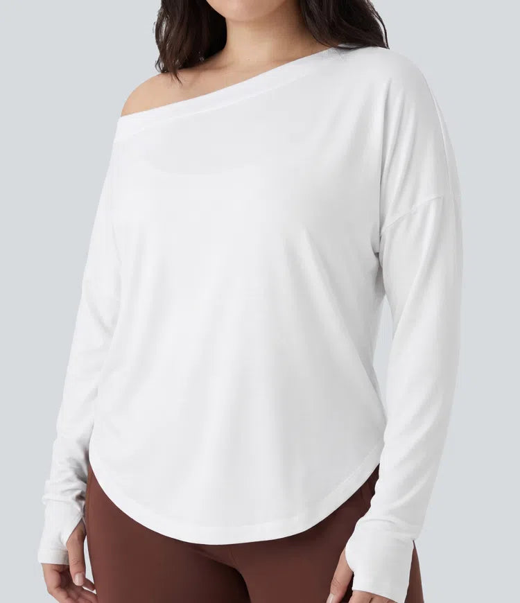 Plus Size One Shoulder Long Sleeve Thumb Hole Curved Hem High Low Quick Dry Yoga Sports Top