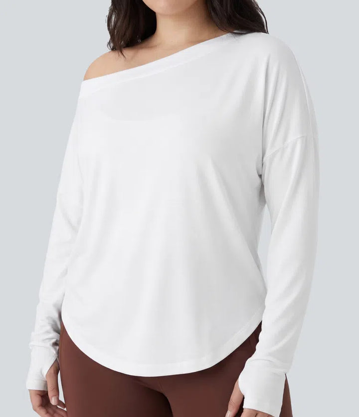 Plus Size One Shoulder Long Sleeve Thumb Hole Curved Hem High Low Quick Dry Yoga Sports Top