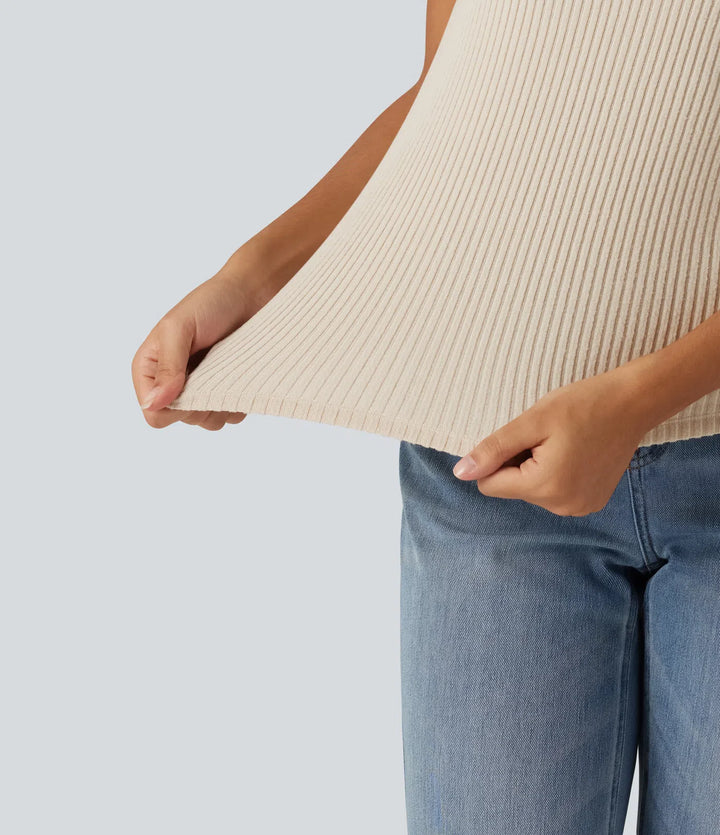 Ribbed Knit High Neck Casual Tank Top