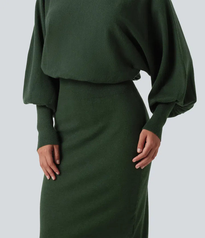 Boat Neck Puff Long Sleeve Work Sweater Dress