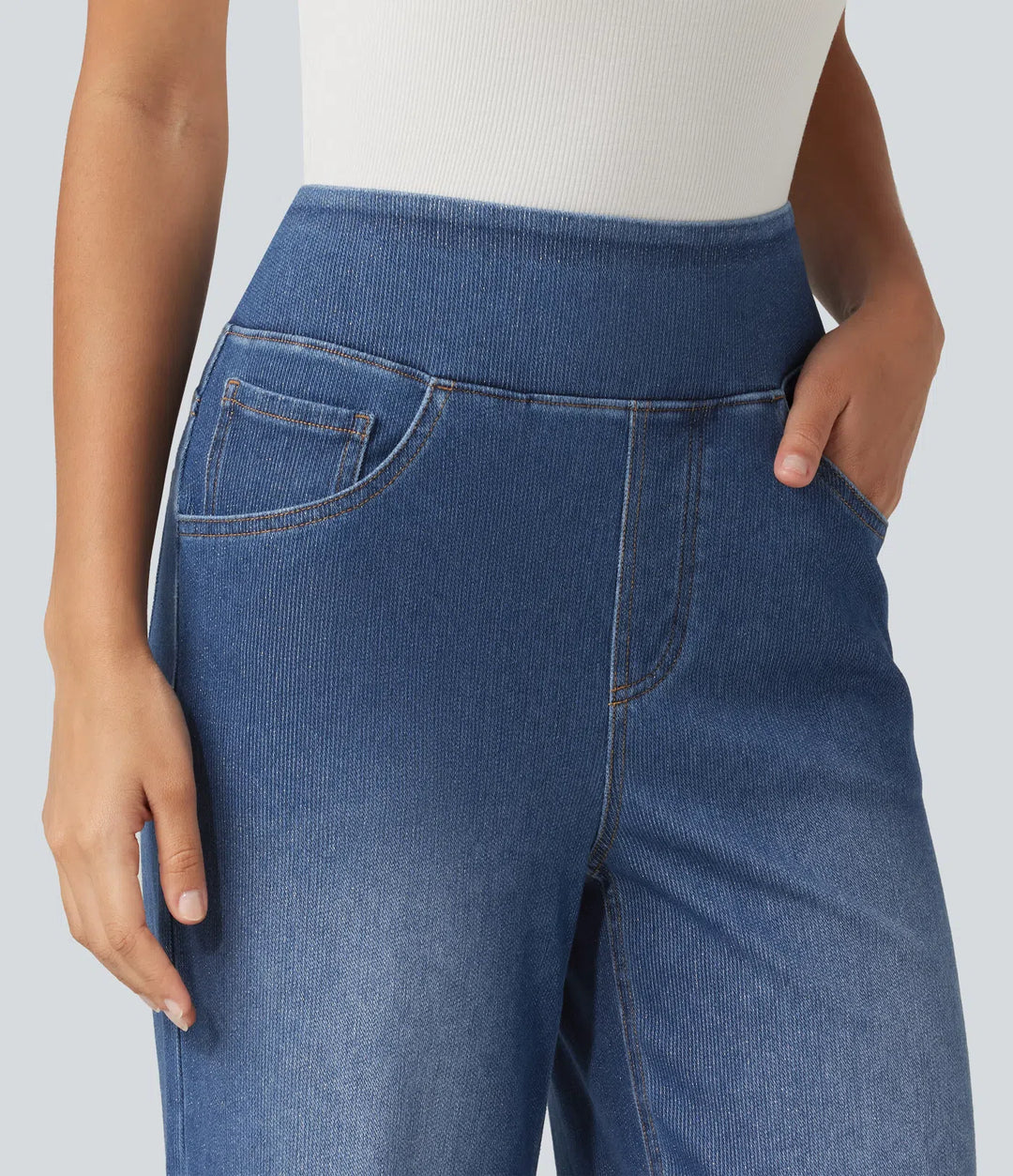 HalaraFlex High Waisted Wide Leg Silver Shine Casual Jeans with Pockets