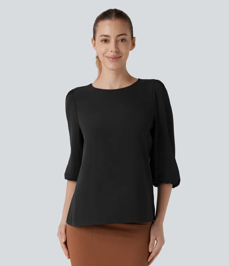 Boat Neck Keyhole Back Bishop Sleeve Work Linen-Feel Blouse