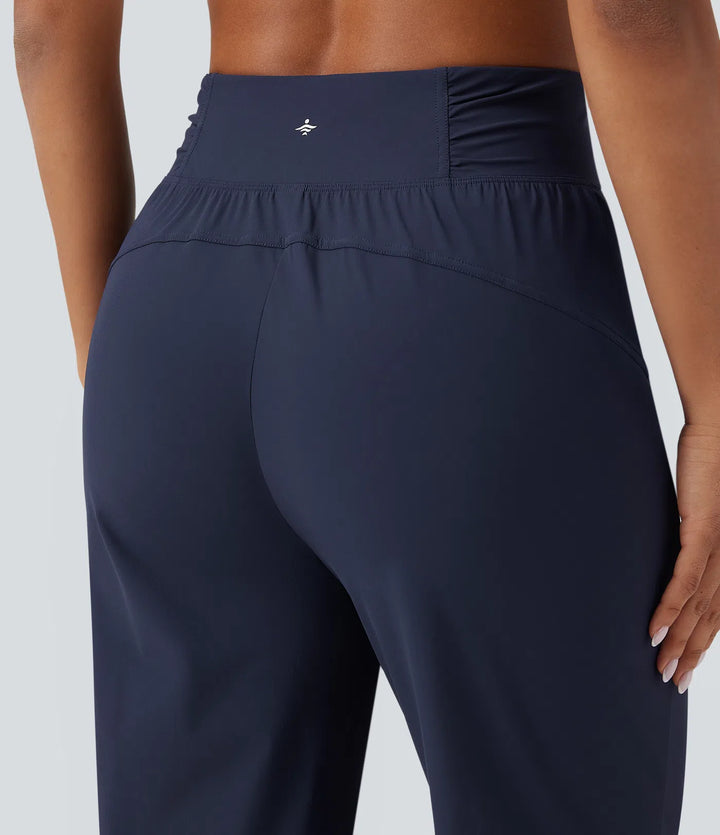 High Waisted Drawstring Ruched Tapered Quick Dry Cool Touch Dance Joggers with Pockets-UPF40+