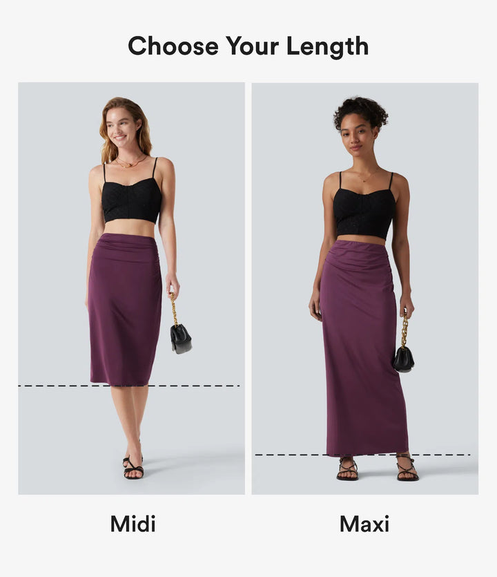 High Waisted Ruched Stretchy Satin-Like InstantCool Maxi Casual Pencil Skirt