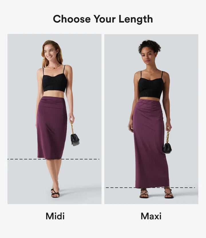 High Waisted Ruched Stretchy Satin-Like InstantCool Maxi Casual Pencil Skirt