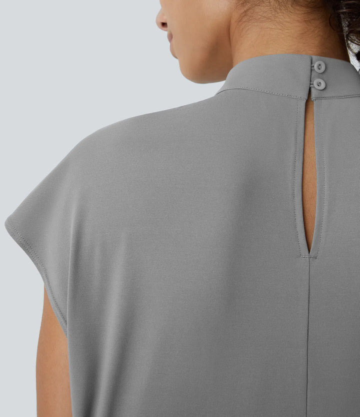 Stand Collar Back Cap Sleeve Work Blouse