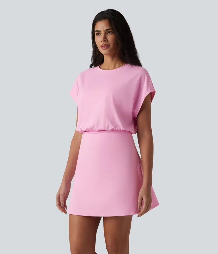 SoftlyZero Airy Round Neck Short Sleeve 2-in-1 InstantCool Mini Yoga Active Dress with Pockets-Easy Peezy Edition