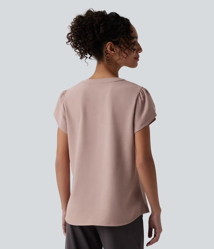 V-neck Petal Short Sleeve Work Blouse